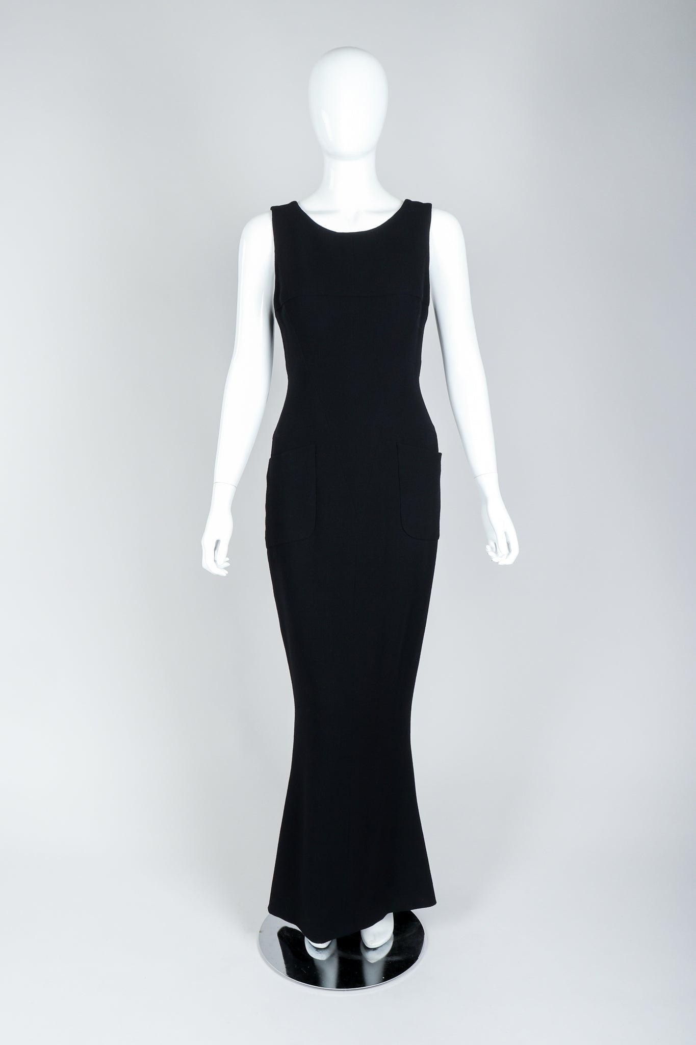 Vintage Chanel Breakfast At Tiffany's Style Black Fishtail Gown on Mannequin, Front