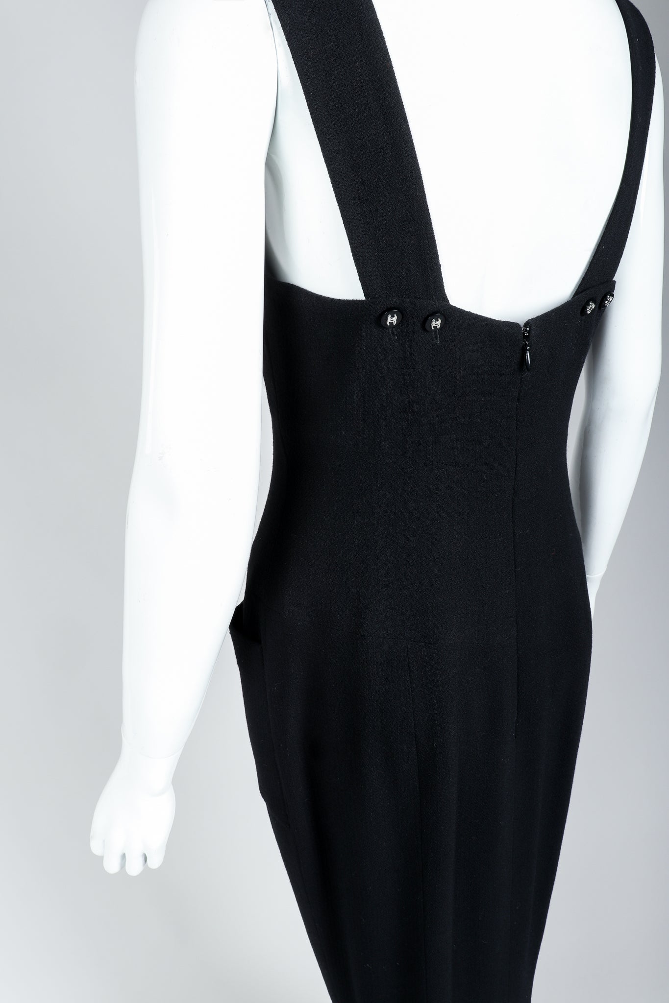 Vintage Chanel Breakfast At Tiffany's Style Black Fishtail Gown on Mannequin, Back Detail