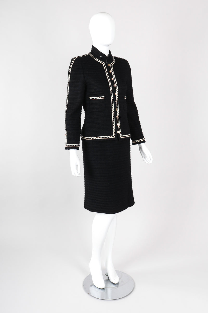Vintage Chanel Textured Rib Zig Zag Boucle Wool Jacket & Skirt Set