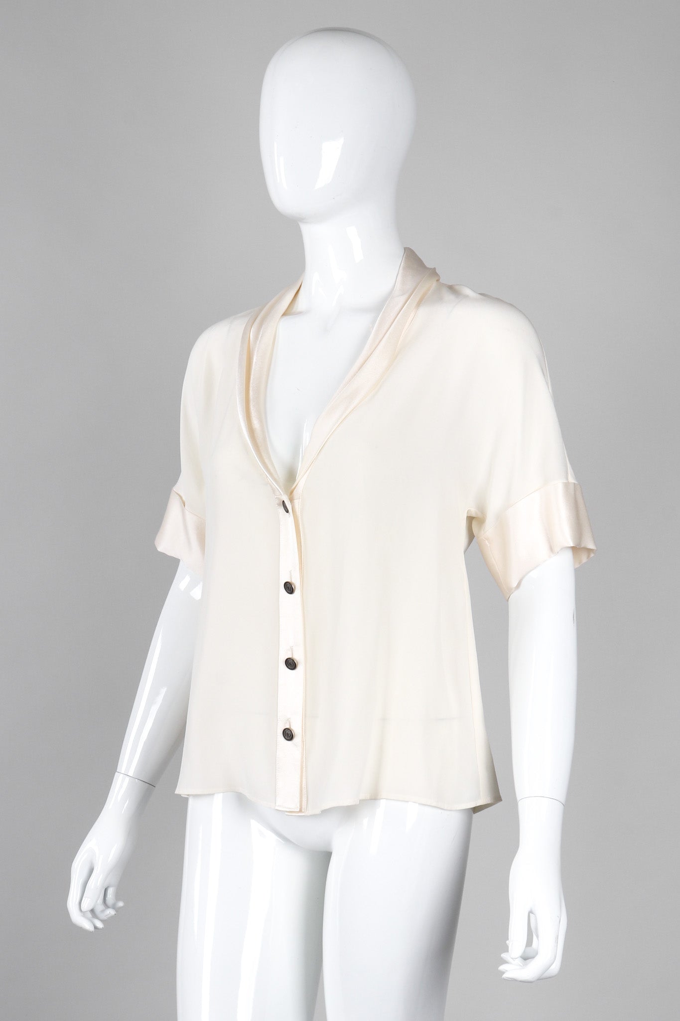 Recess Los Angeles Vintage Chanel Cream Shawl Collar Silk Blouse