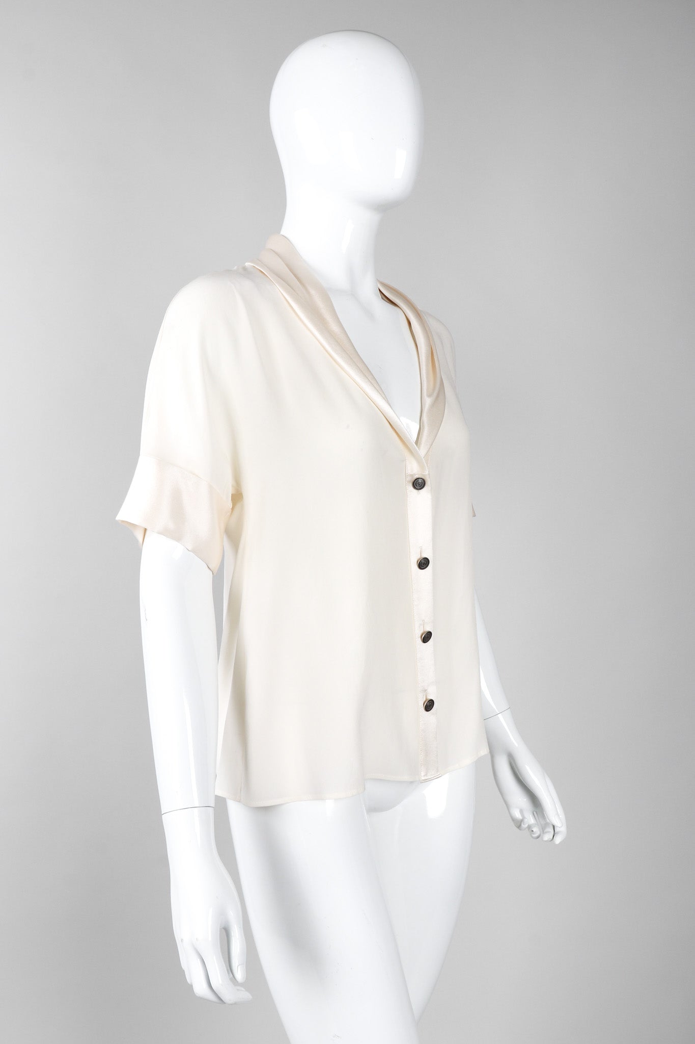 Recess Los Angeles Vintage Chanel Cream Shawl Collar Silk Blouse