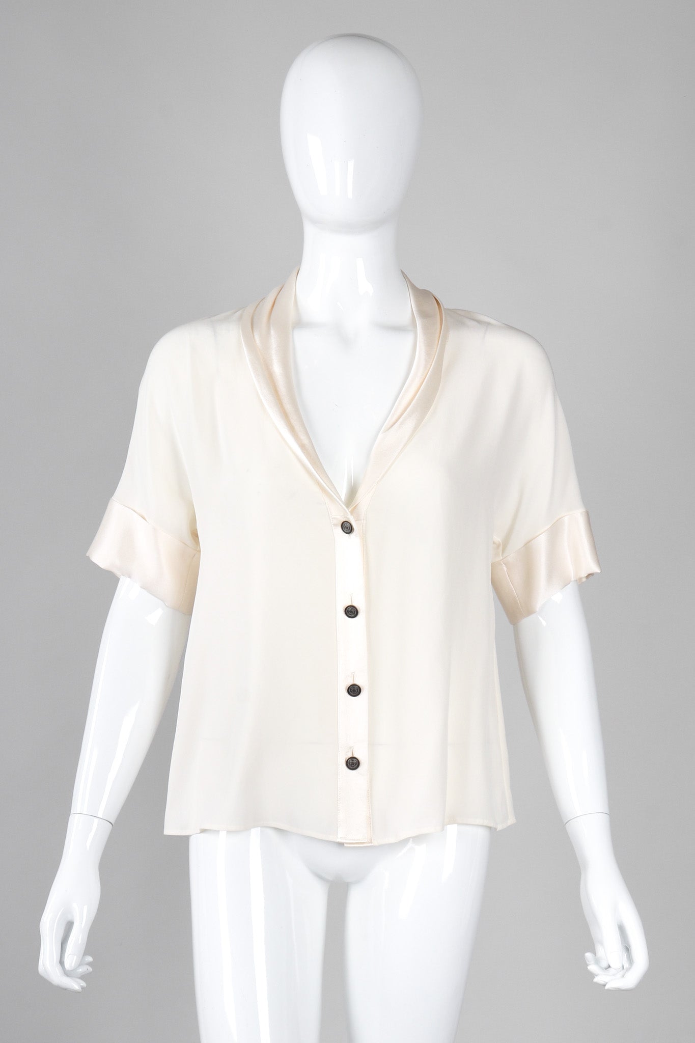 Recess Los Angeles Vintage Chanel Cream Shawl Collar Silk Blouse