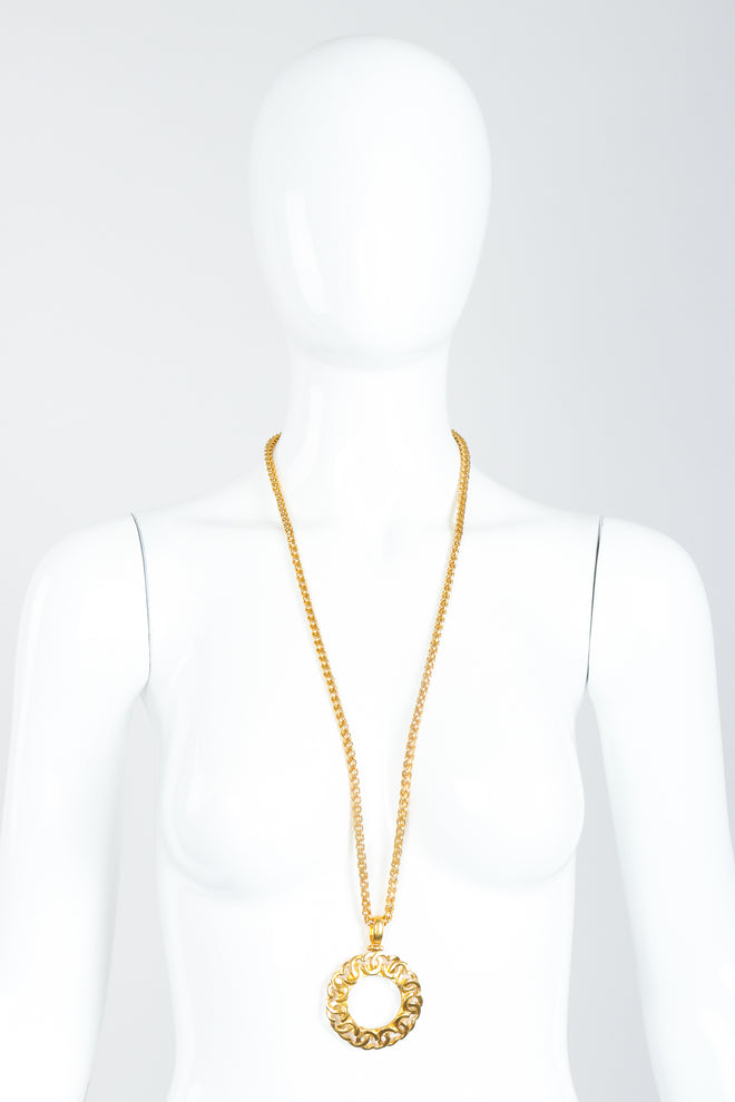 Vintage Chanel Gold CC Logo Magnifying Glass Pendant Necklace on Mannequin