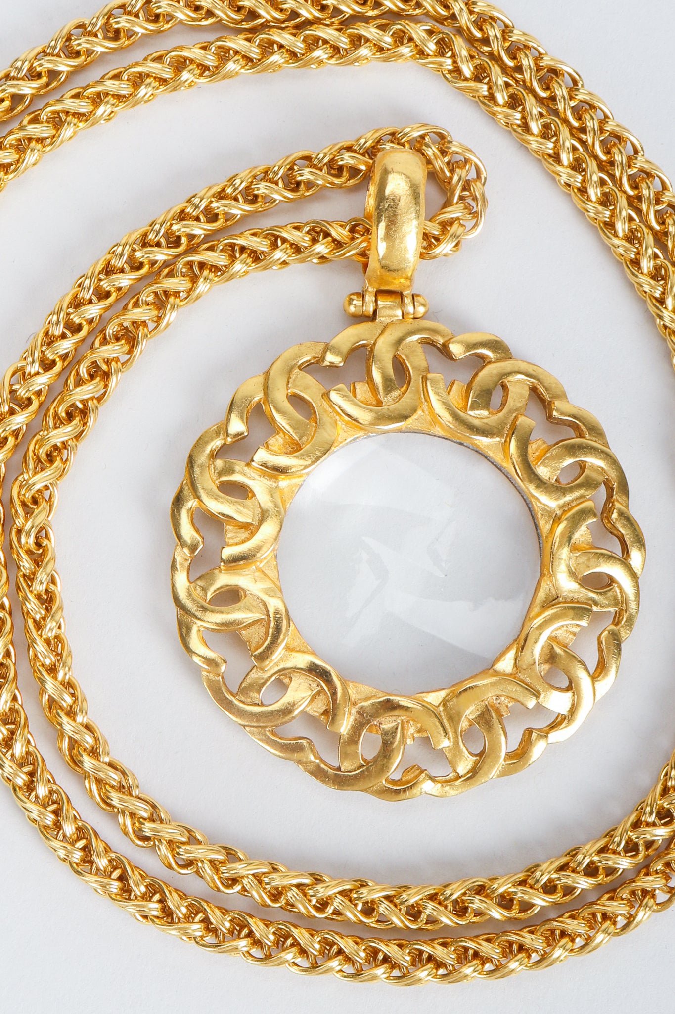 Vintage Chanel Gold CC Logo Magnifying Glass Pendant Necklace Swirl