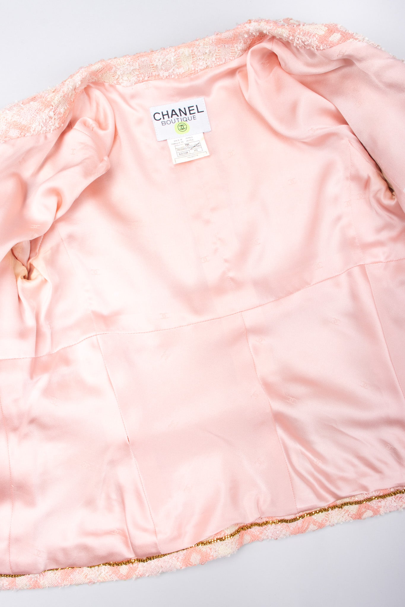 Recess Los Angeles Vintage 90s Chanel Pastel Pink Sparkle Tweed Jacket & Skirt Suit Set