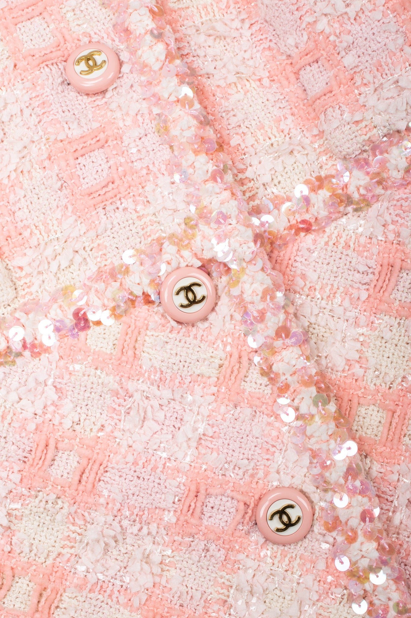 Recess Los Angeles Vintage 90s Chanel Pastel Pink Sparkle Tweed Jacket & Skirt Suit Set