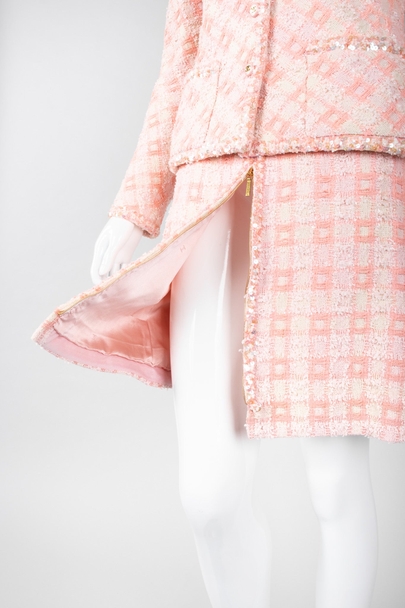 Recess Los Angeles Vintage 90s Chanel Pastel Pink Sparkle Tweed Jacket & Skirt Suit Set