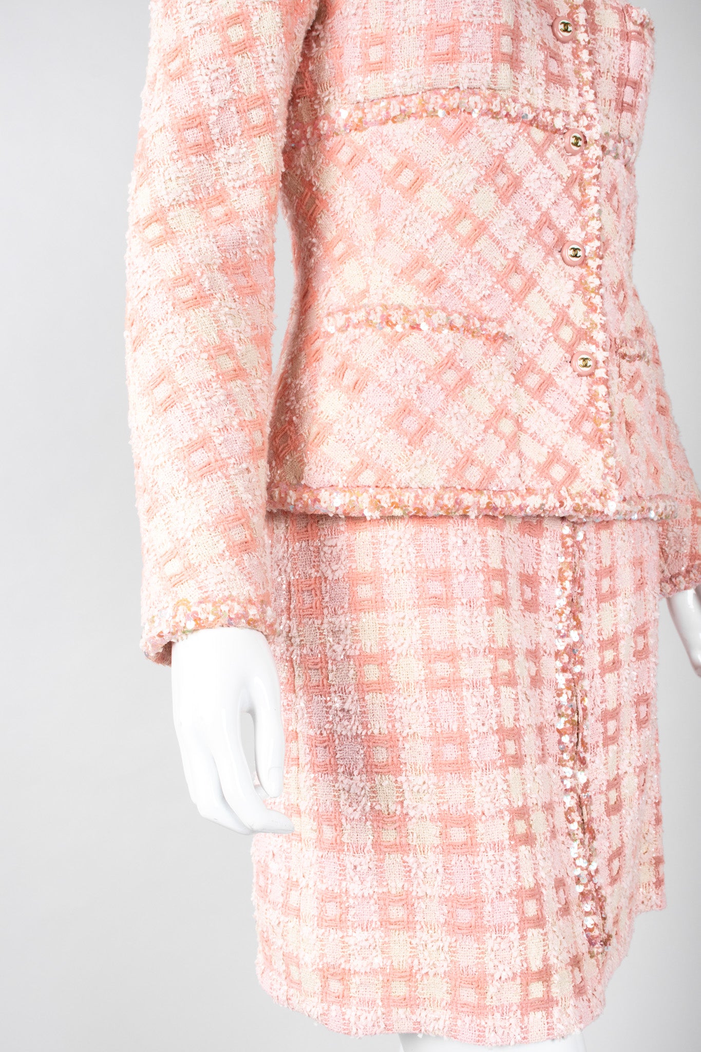 Recess Los Angeles Vintage 90s Chanel Pastel Pink Sparkle Tweed Jacket & Skirt Suit Set