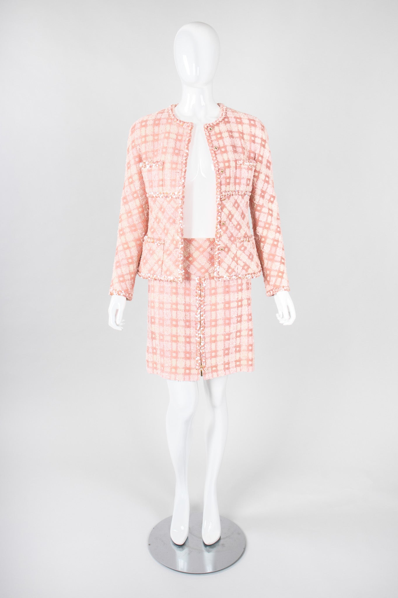 Recess Los Angeles Vintage 90s Chanel Pastel Pink Sparkle Tweed Jacket & Skirt Suit Set