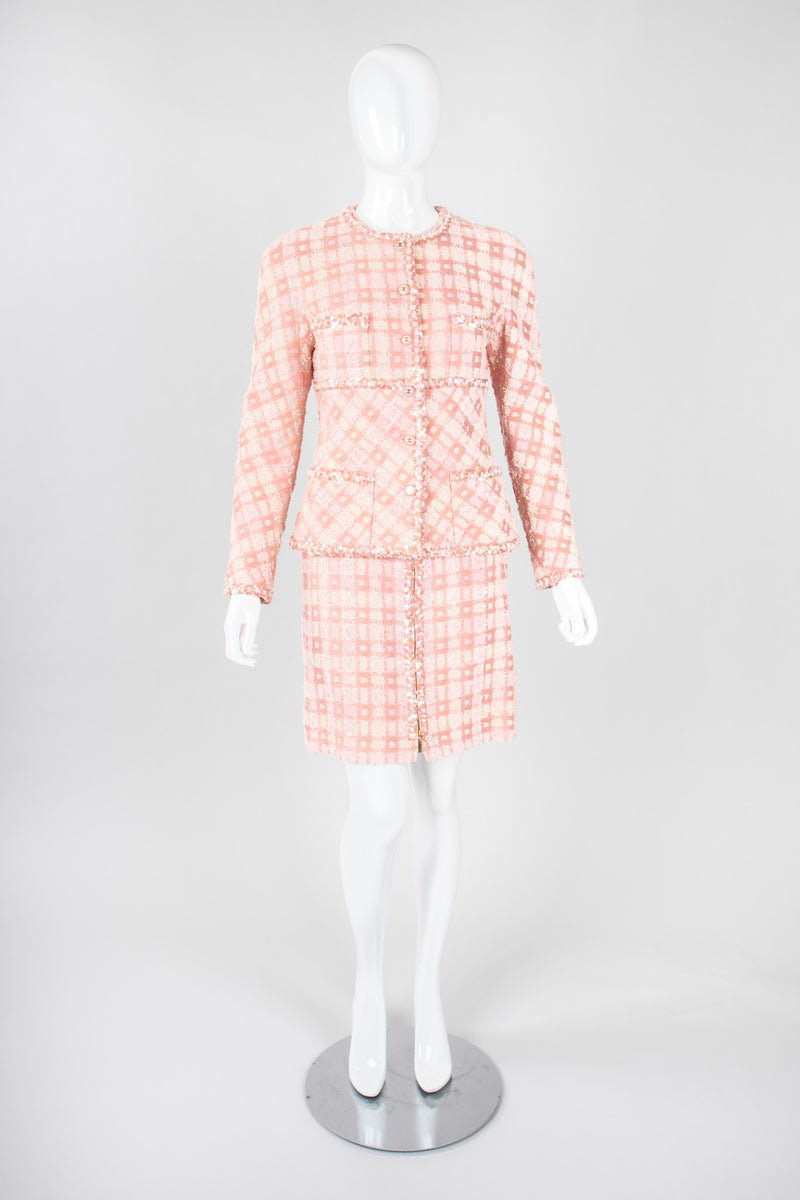Recess Los Angeles Vintage 90s Chanel Pastel Pink Sparkle Tweed Jacket & Skirt Suit Set