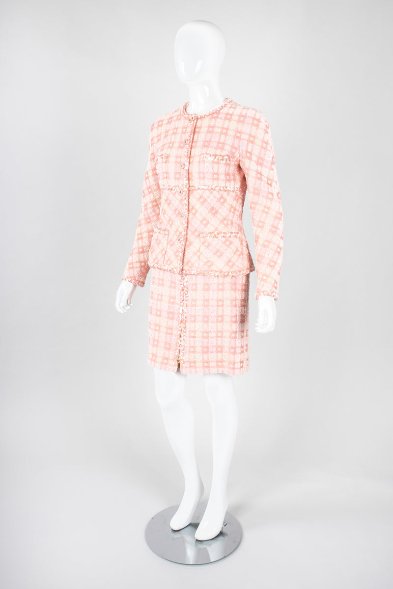 Vintage 90s Chanel Pastel Pink Sparkle Tweed Jacket & Skirt Suit