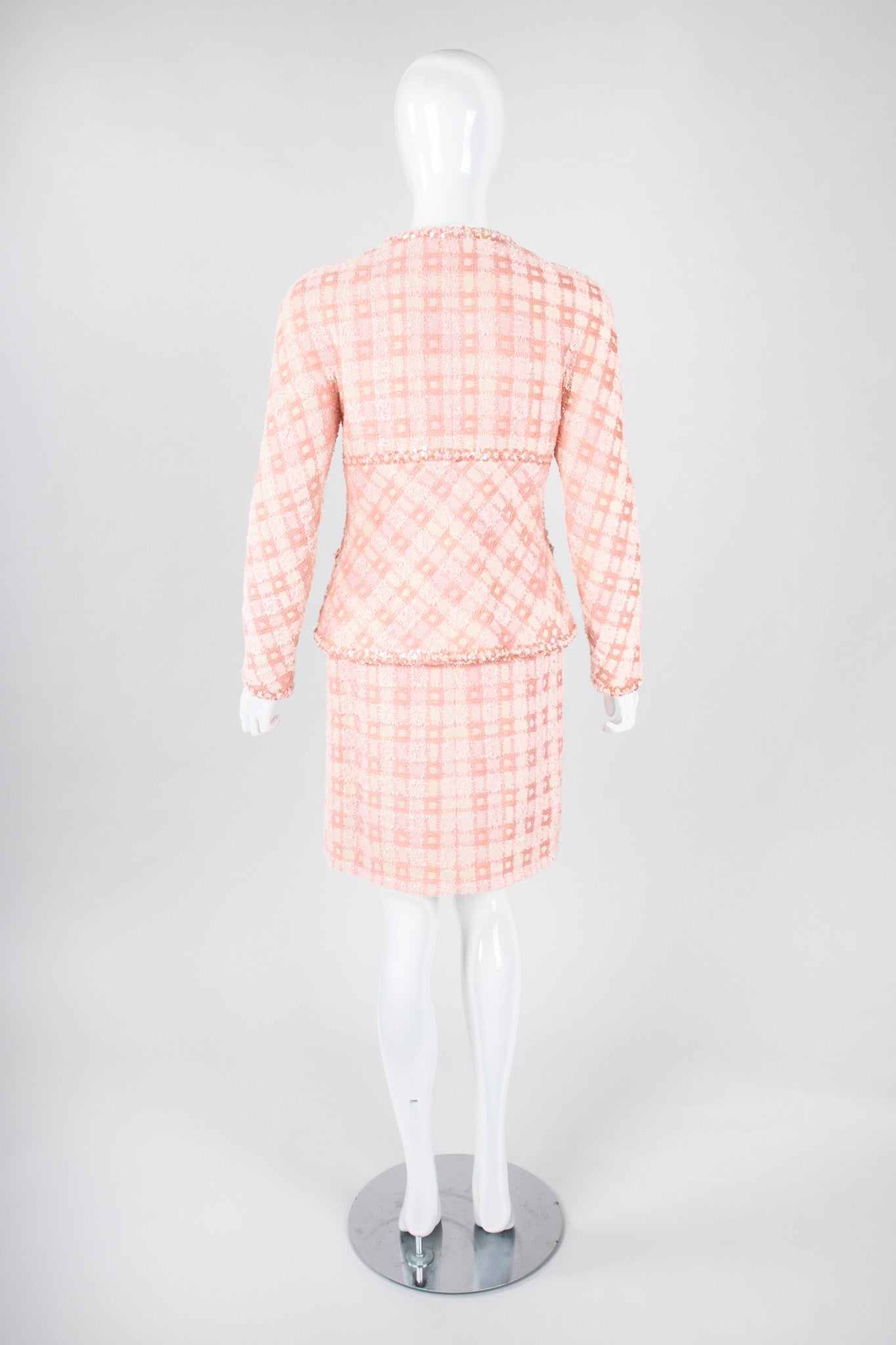 Recess Los Angeles Vintage 90s Chanel Pastel Pink Sparkle Tweed Jacket & Skirt Suit Set