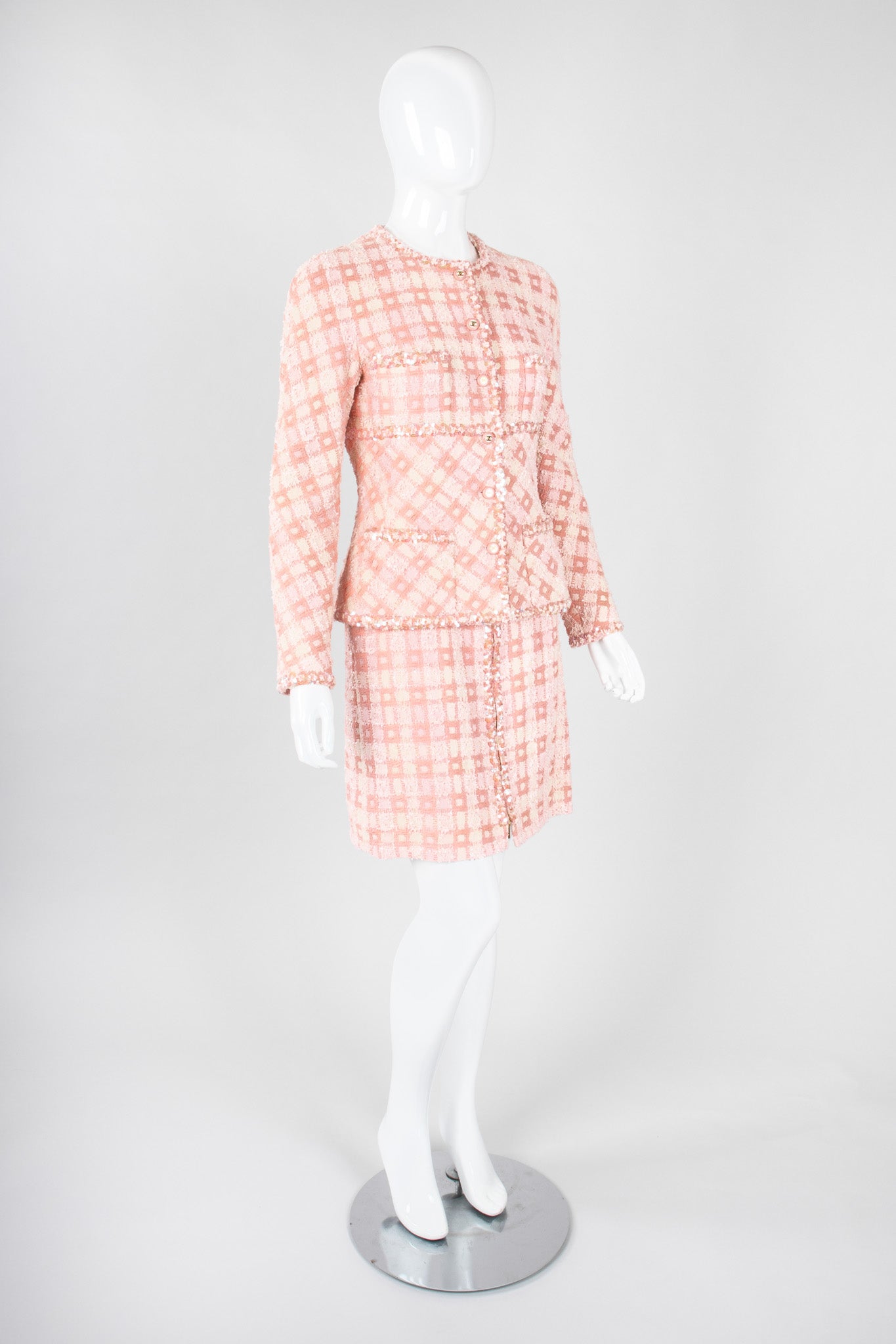 Recess Los Angeles Vintage 90s Chanel Pastel Pink Sparkle Tweed Jacket & Skirt Suit Set