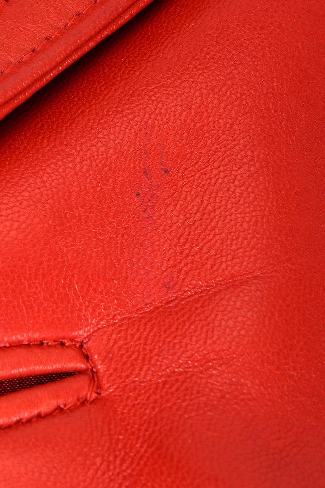 Vintage Chanel CC Logo Button Belted Red Leather Jacket front flap stains