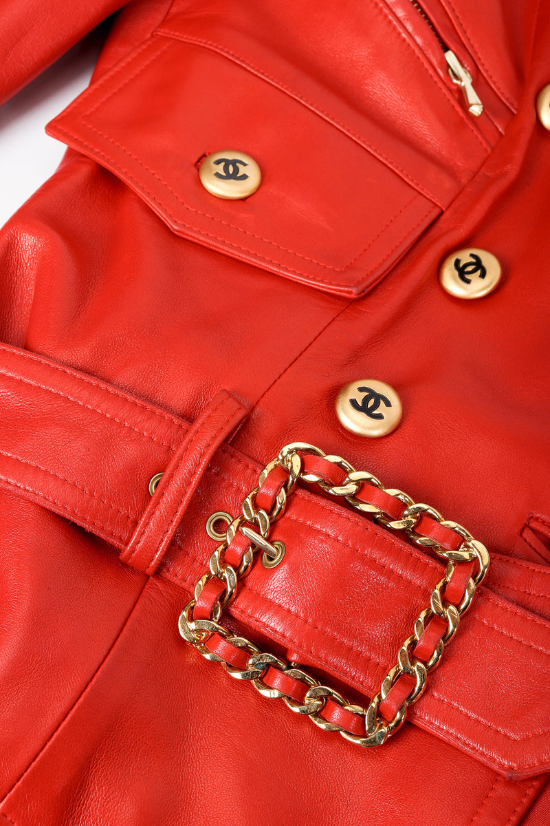 Vintage Chanel CC Logo Button Belted Red Leather Jacket belt Detail