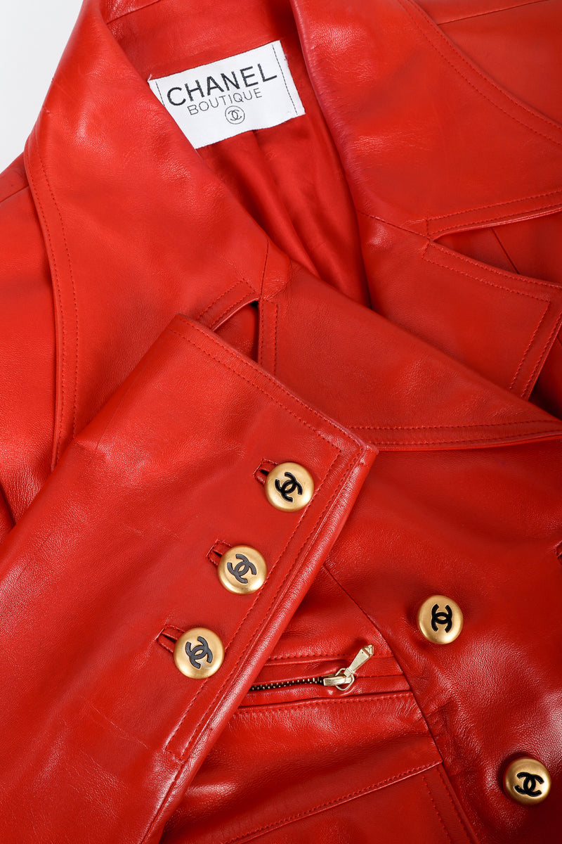 Vintage Chanel CC Logo Button Belted Red Leather Jacket Collar and Sleeves