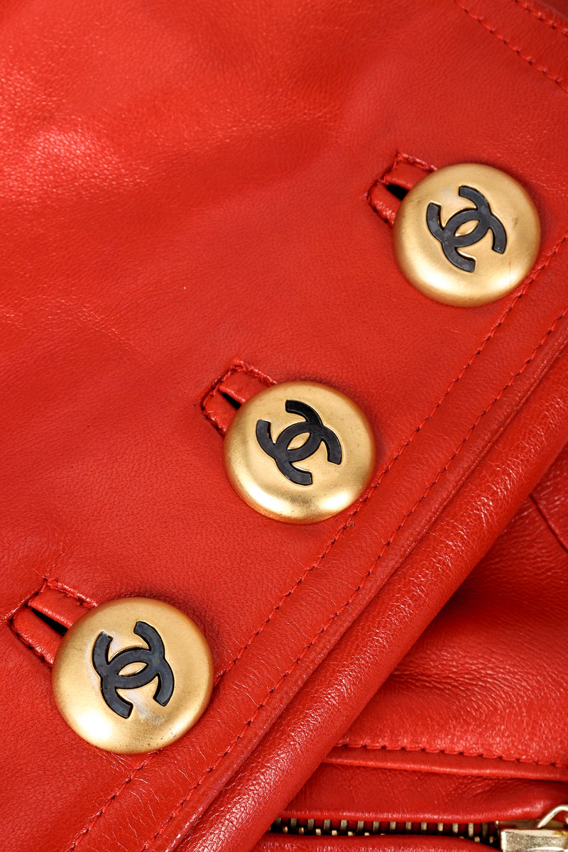 Vintage Chanel CC Logo Button Belted Red Leather Jacket Sleeve Button Detail