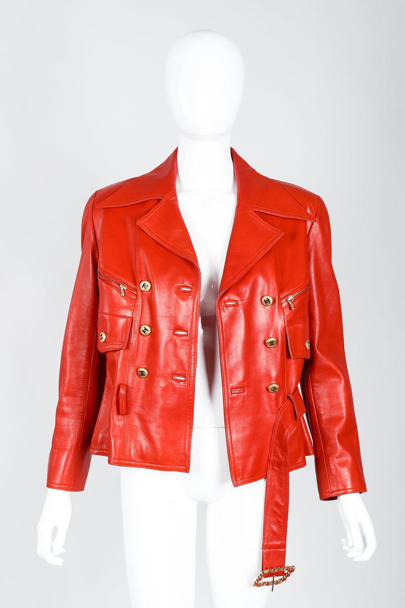 Vintage Chanel CC Logo Button Belted Red Leather Jacket on Mannequin Open at Recess Los Angeles