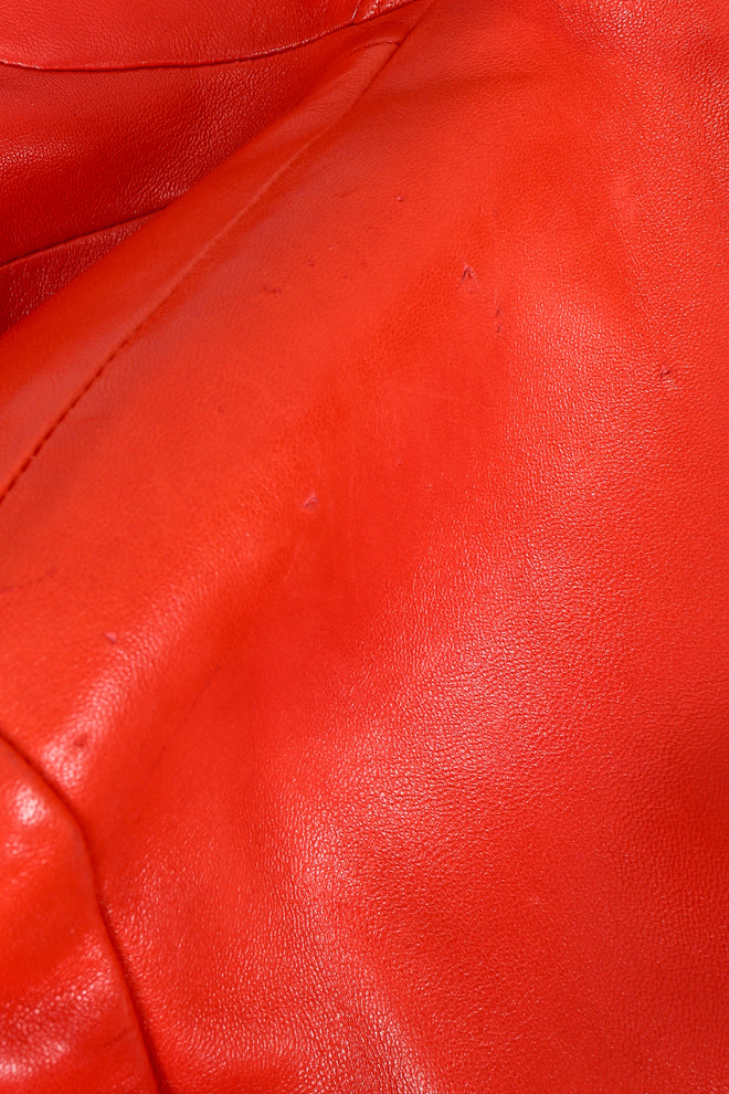 Vintage Chanel CC Logo Button Belted Red Leather Jacket scratches on top L shoulder