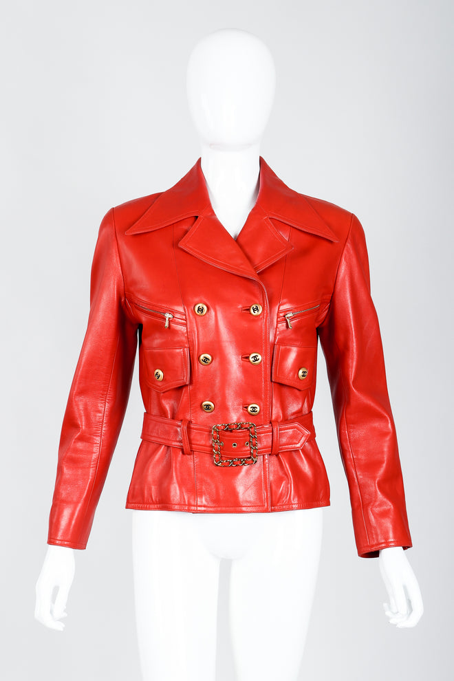 Vintage Chanel CC Logo Belted Red Leather Jacket on Mannequin front full at Recess Los Angeles