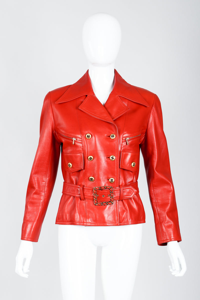 Vintage Chanel CC Logo Belted Red Leather Jacket on Mannequin front full at Recess Los Angeles