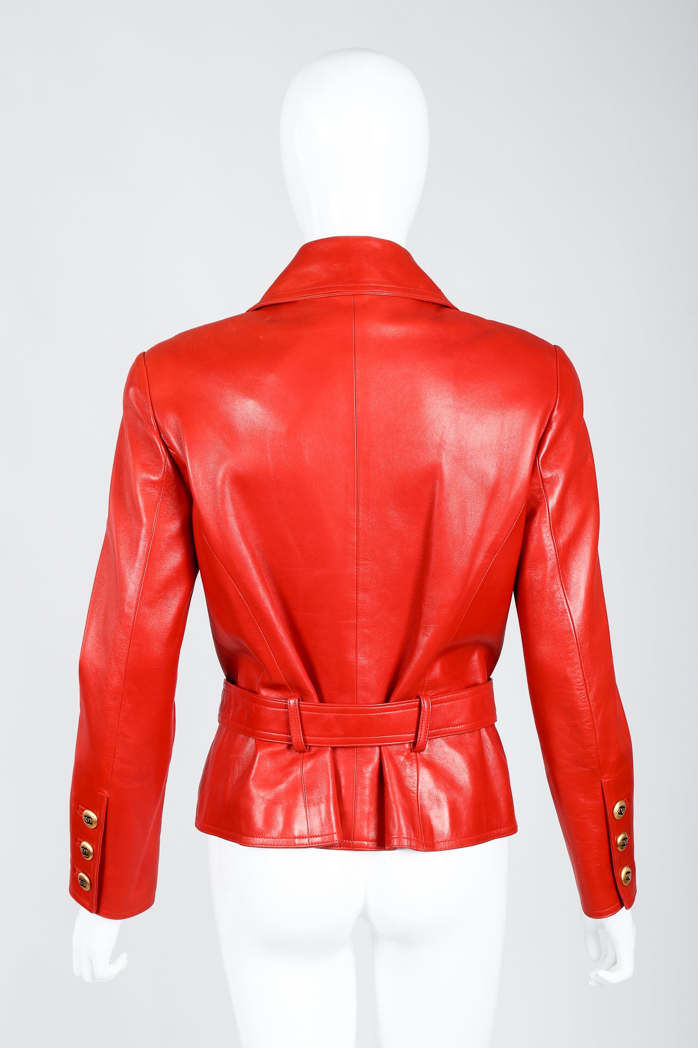 Vintage Chanel CC Logo Button Belted Red Leather Jacket on Mannequin Back at Recess Los Angeles