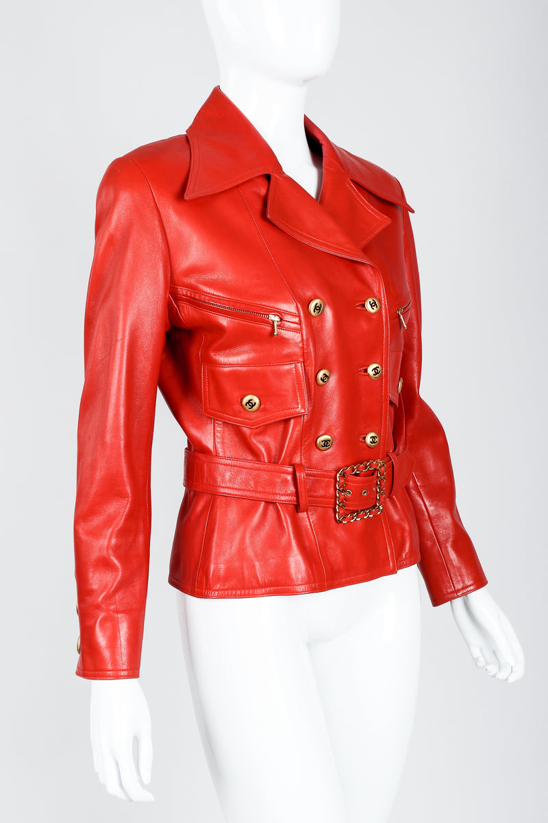 Vintage Chanel CC Logo Button Belted Red Leather Jacket on Mannequin Side at Recess Los Angeles