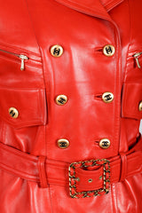 Vintage Chanel CC Logo Button Belted Red Leather Jacket Chest Buttons