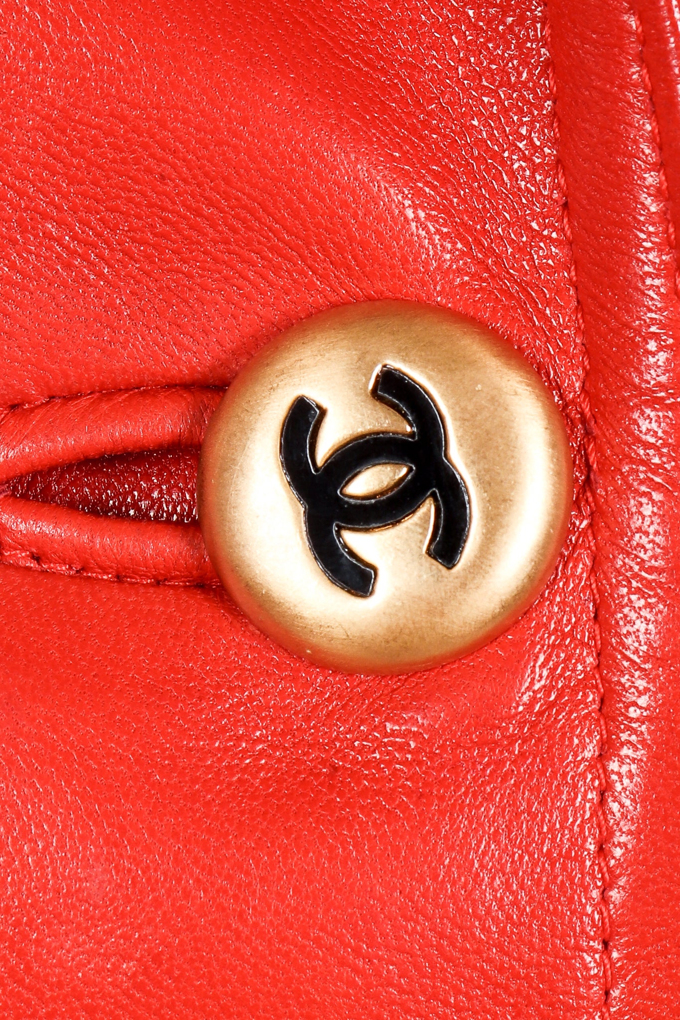 Vintage Chanel CC Logo Button Belted Red Leather Jacket Button Detail