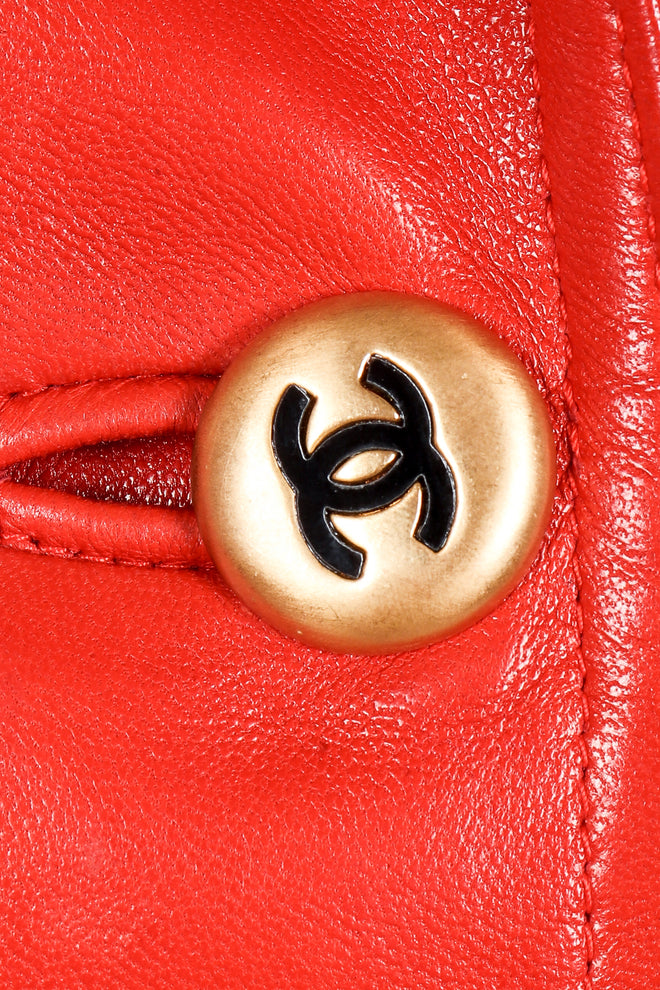 Vintage Chanel CC Logo Button Belted Red Leather Jacket Button Detail