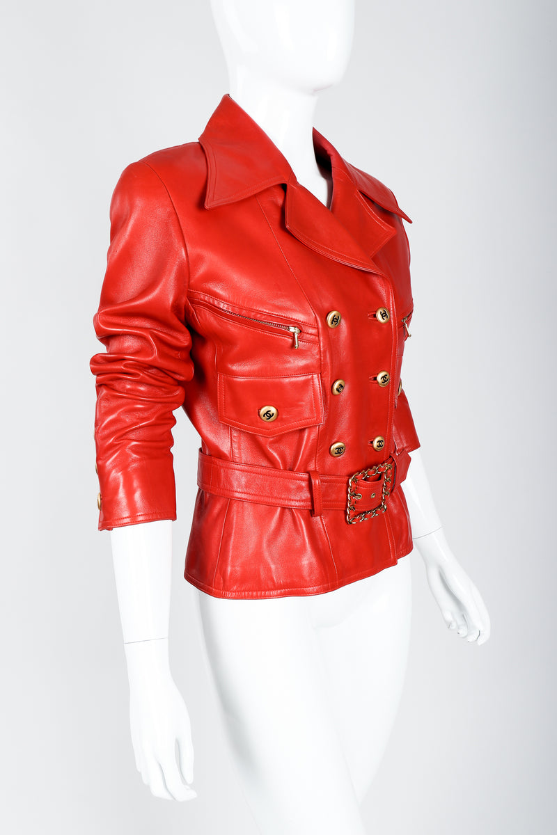 Vintage Chanel CC Logo Button Belted Red Leather Jacket on Mannequin Crop at Recess Los Angeles