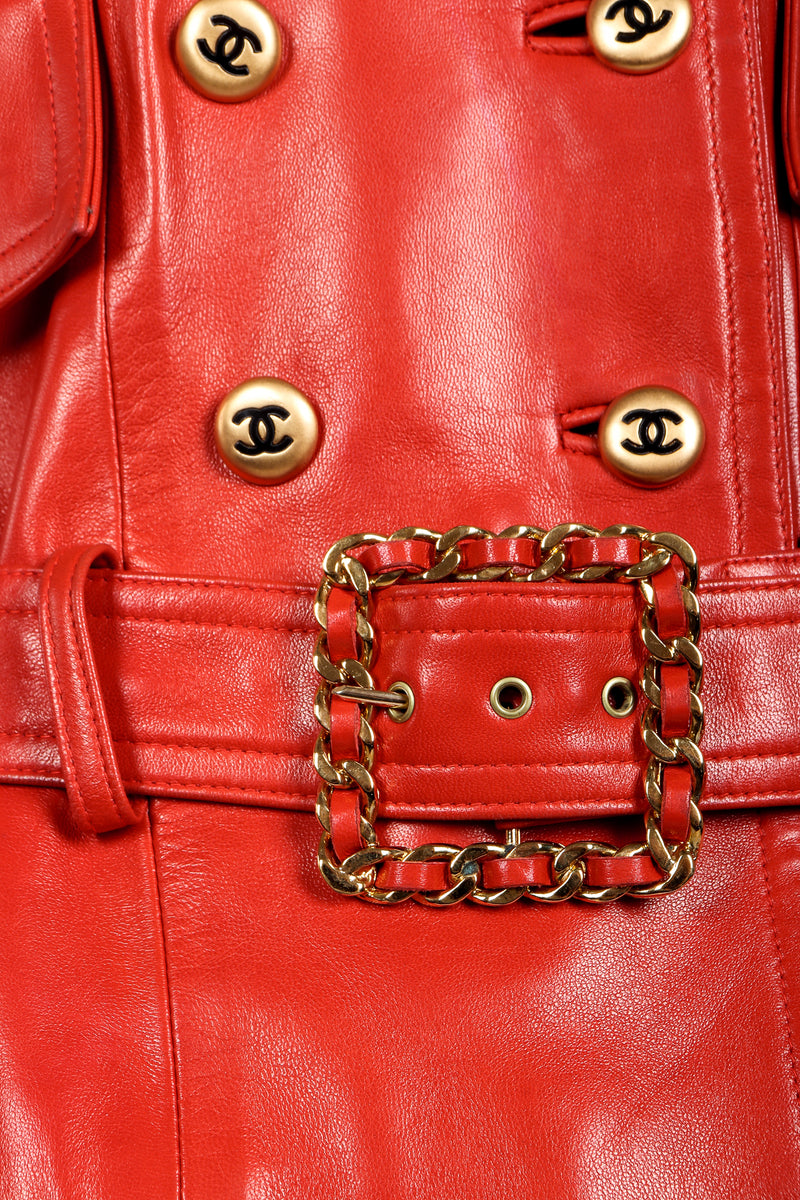 Vintage Chanel CC Logo Button Belted Red Leather Jacket Belt detail