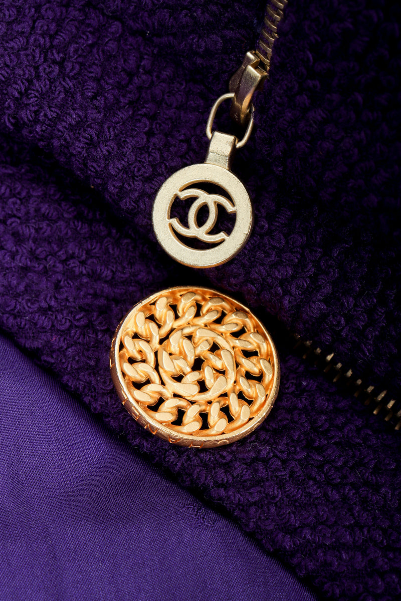 Vintage Chanel Zipper Hardware Bouclé Jacket logo zipper pull and chain link button