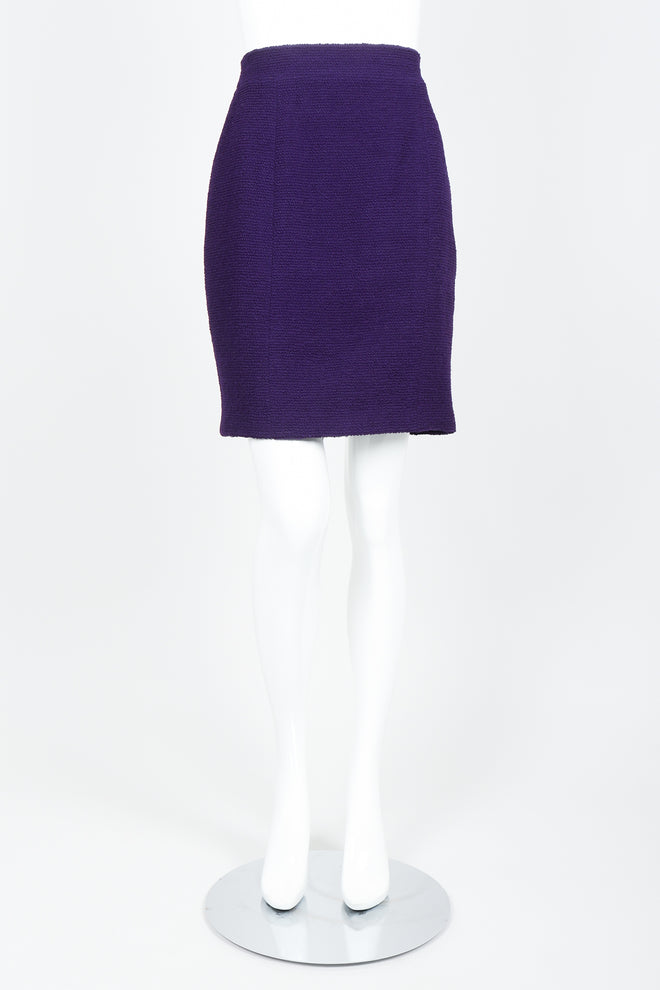 Vintage Chanel Zipper Hardware Bouclé Skirt on Mannequin front at Recess