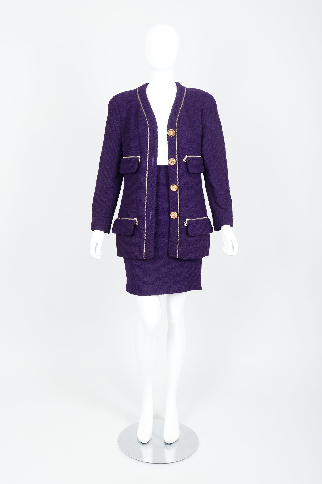Vintage Chanel Zipper Hardware Bouclé Jacket & Skirt Set on Mannequin Open at Recess