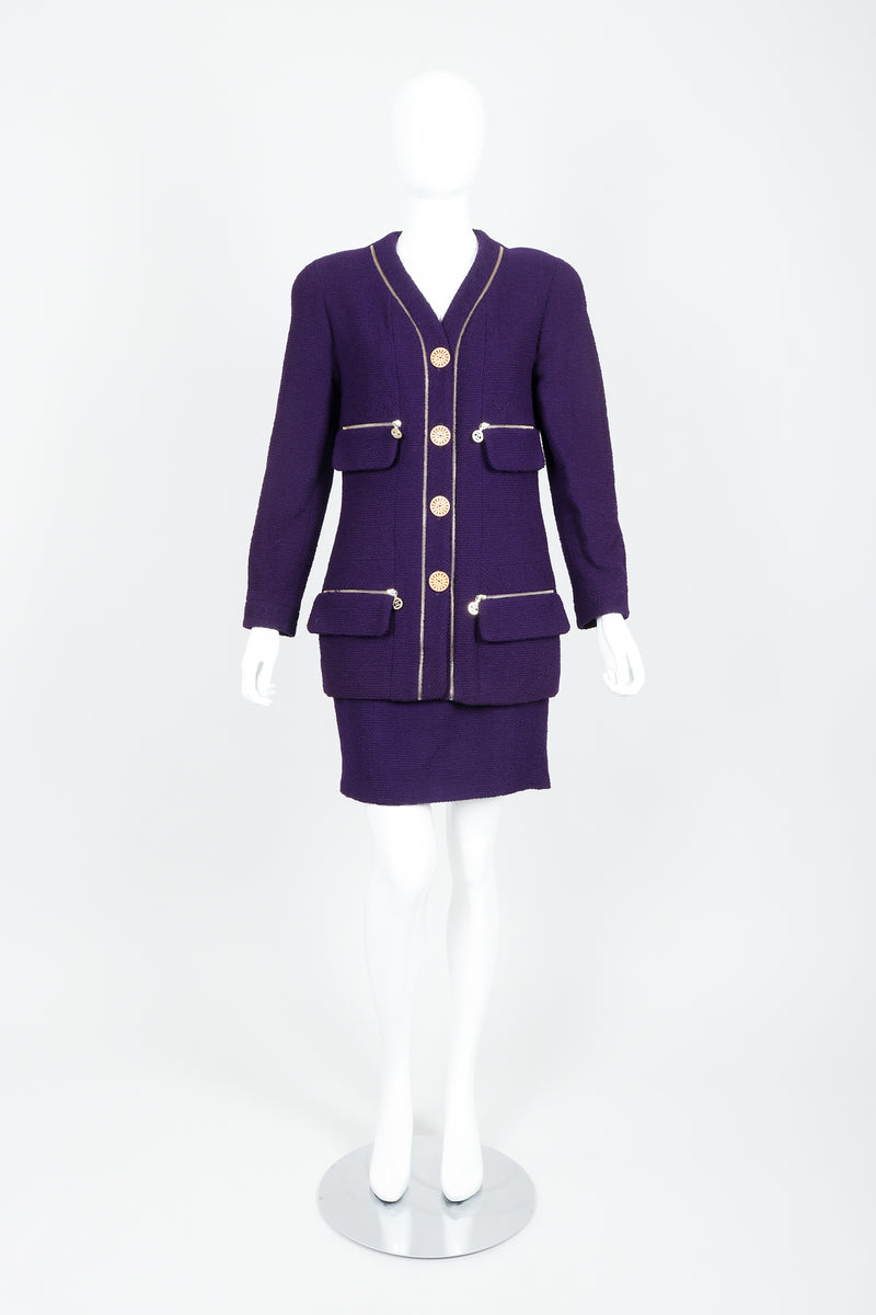 Vintage Chanel Zipper Hardware Bouclé Jacket & Skirt Set on Mannequin Front at Recess