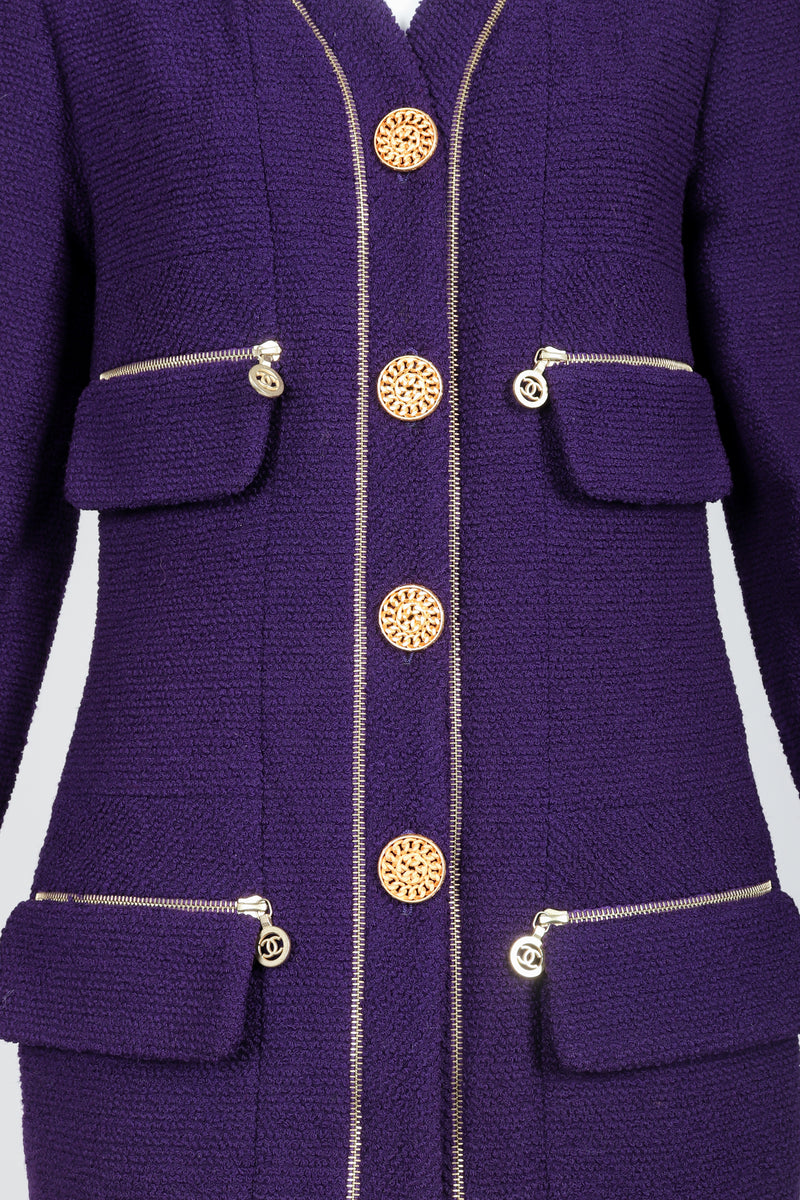 Vintage Chanel Zipper Hardware Bouclé Jacket & Skirt Set on Mannequin Front Crop at Recess
