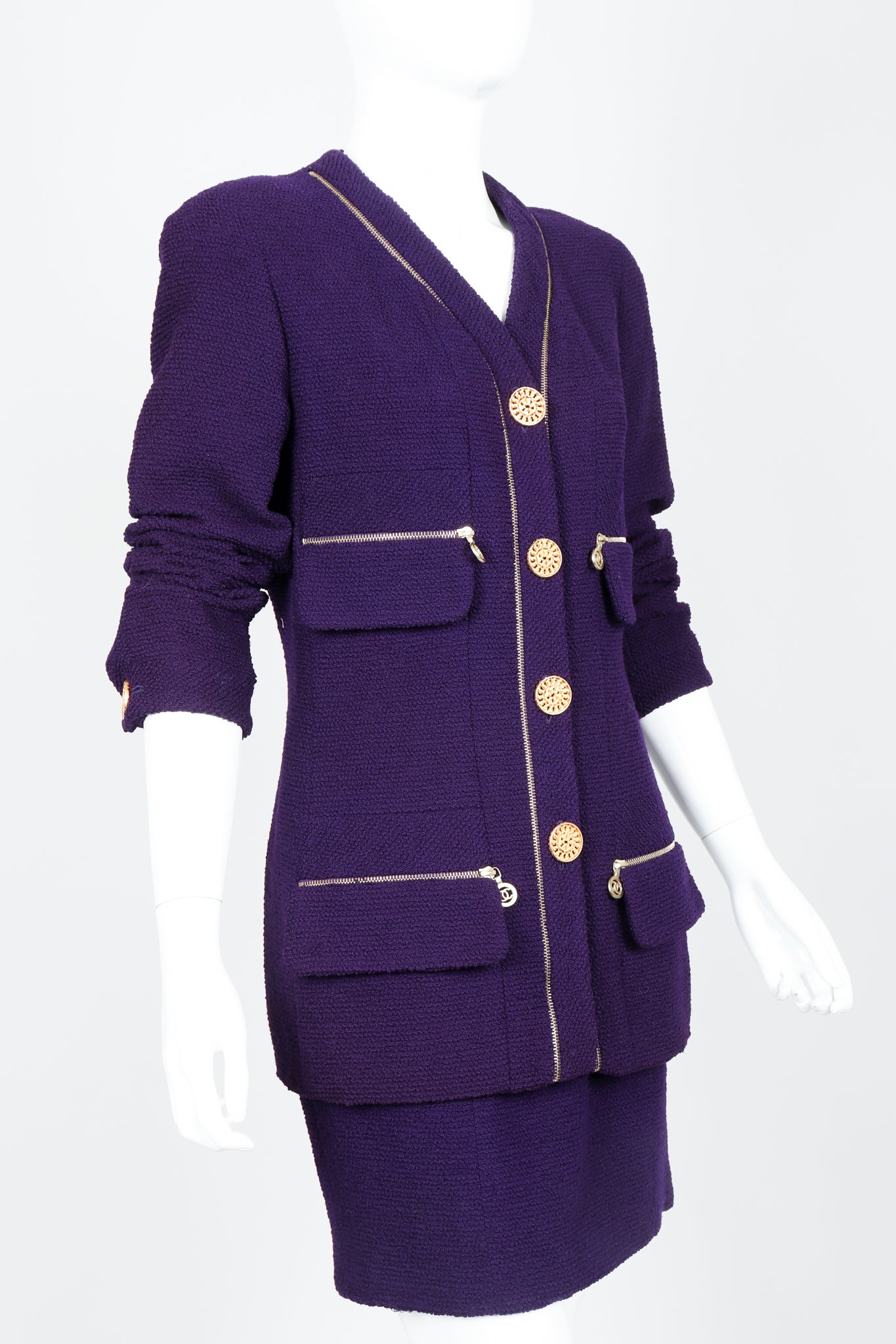 Vintage Chanel Zipper Hardware Bouclé Jacket & Skirt Set on Mannequin Cropped at Recess