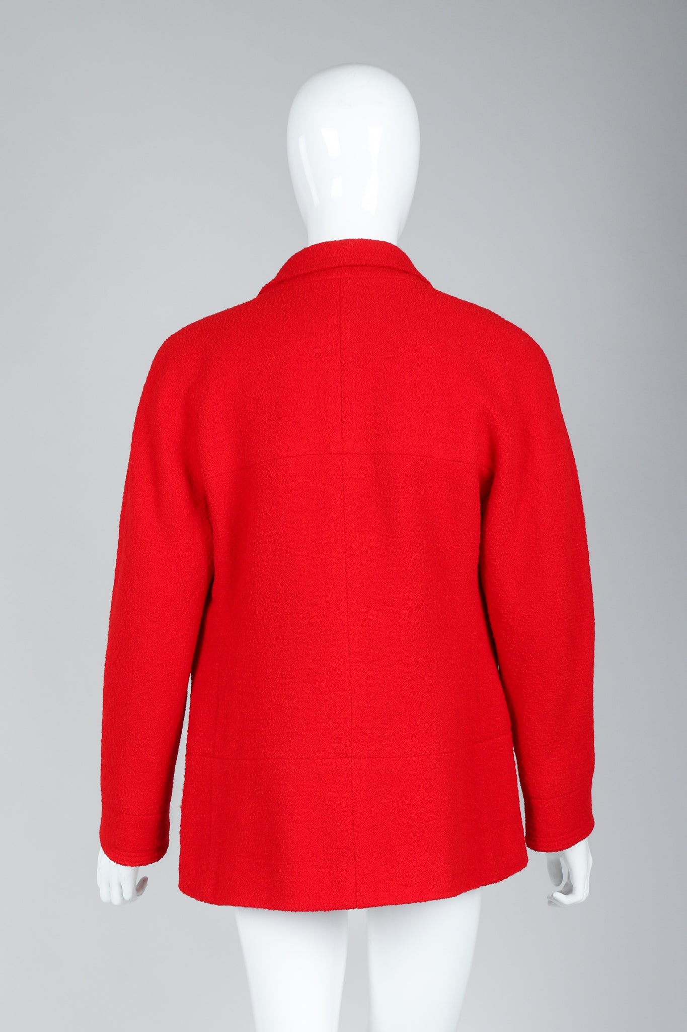 Recess Vintage Chanel Red Curved Lapel Bouclé Jacket on Mannequin, Back