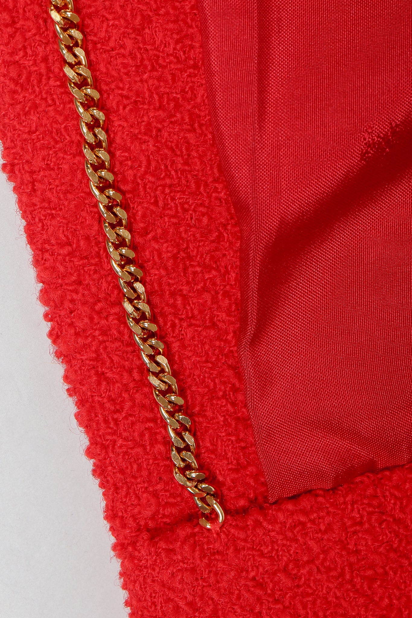 Recess Vintage Chanel Red Curved Lapel Bouclé Jacket, Chain Hem