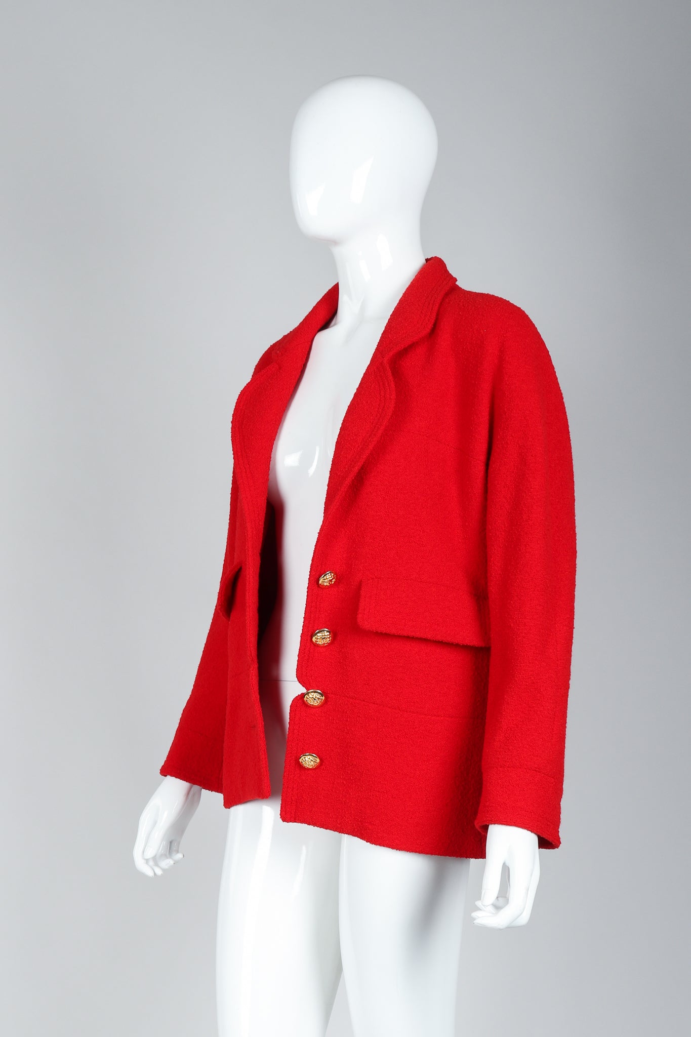 Recess Vintage Chanel Red Curved Lapel Bouclé Jacket on Mannequin, Unbuttoned