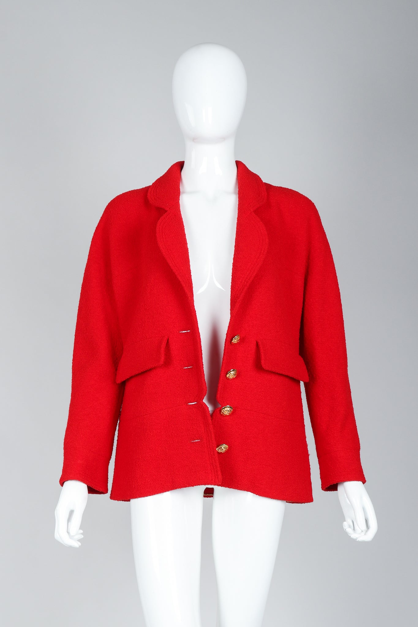 Recess Vintage Chanel Red Curved Lapel Bouclé Jacket on Mannequin, Unbuttoned Front