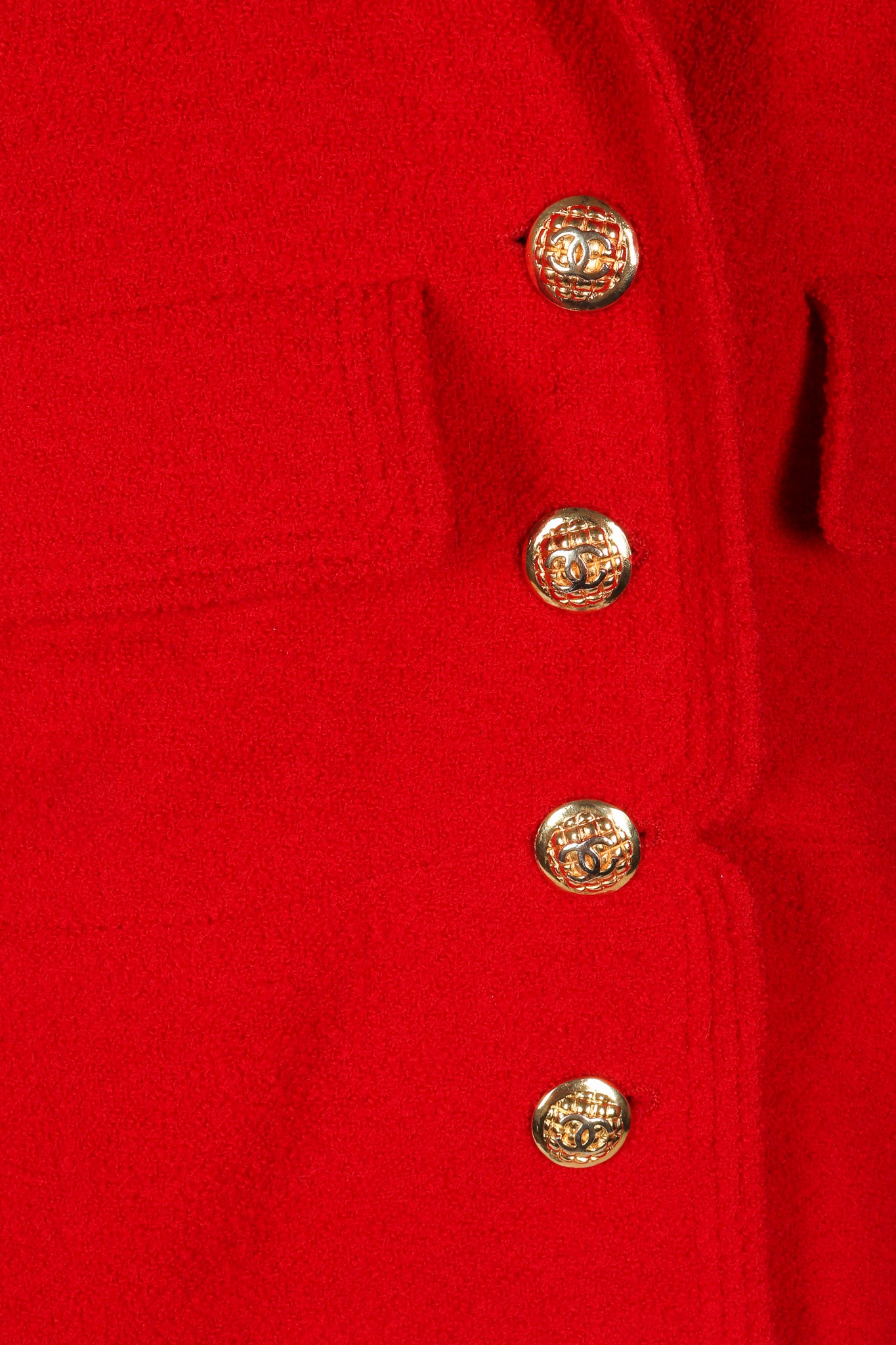 Recess Vintage Chanel Red Curved Lapel Bouclé Jacket, Button Detail