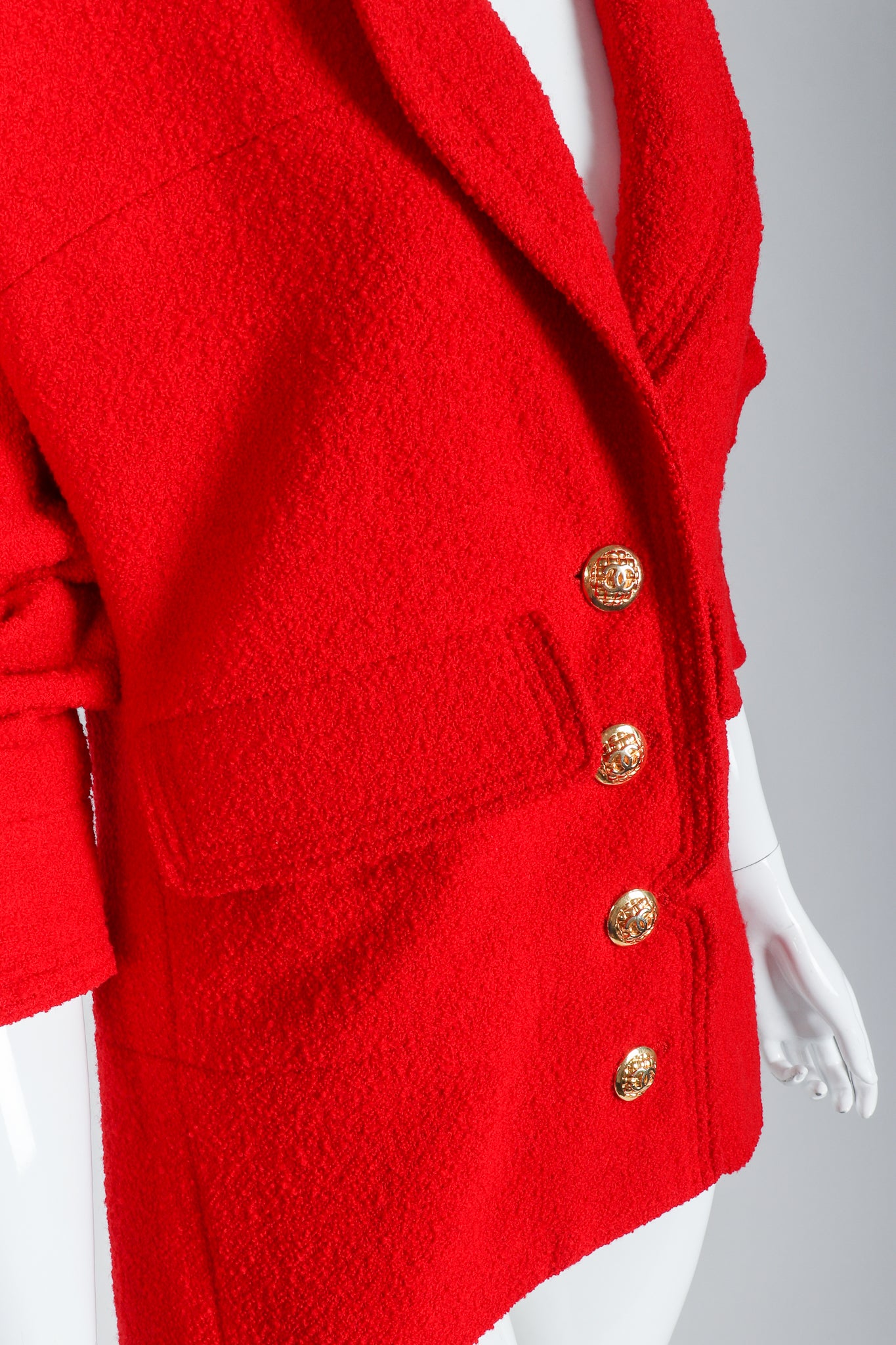 Recess Vintage Chanel Red Curved Lapel Bouclé Jacket, Waist Detail