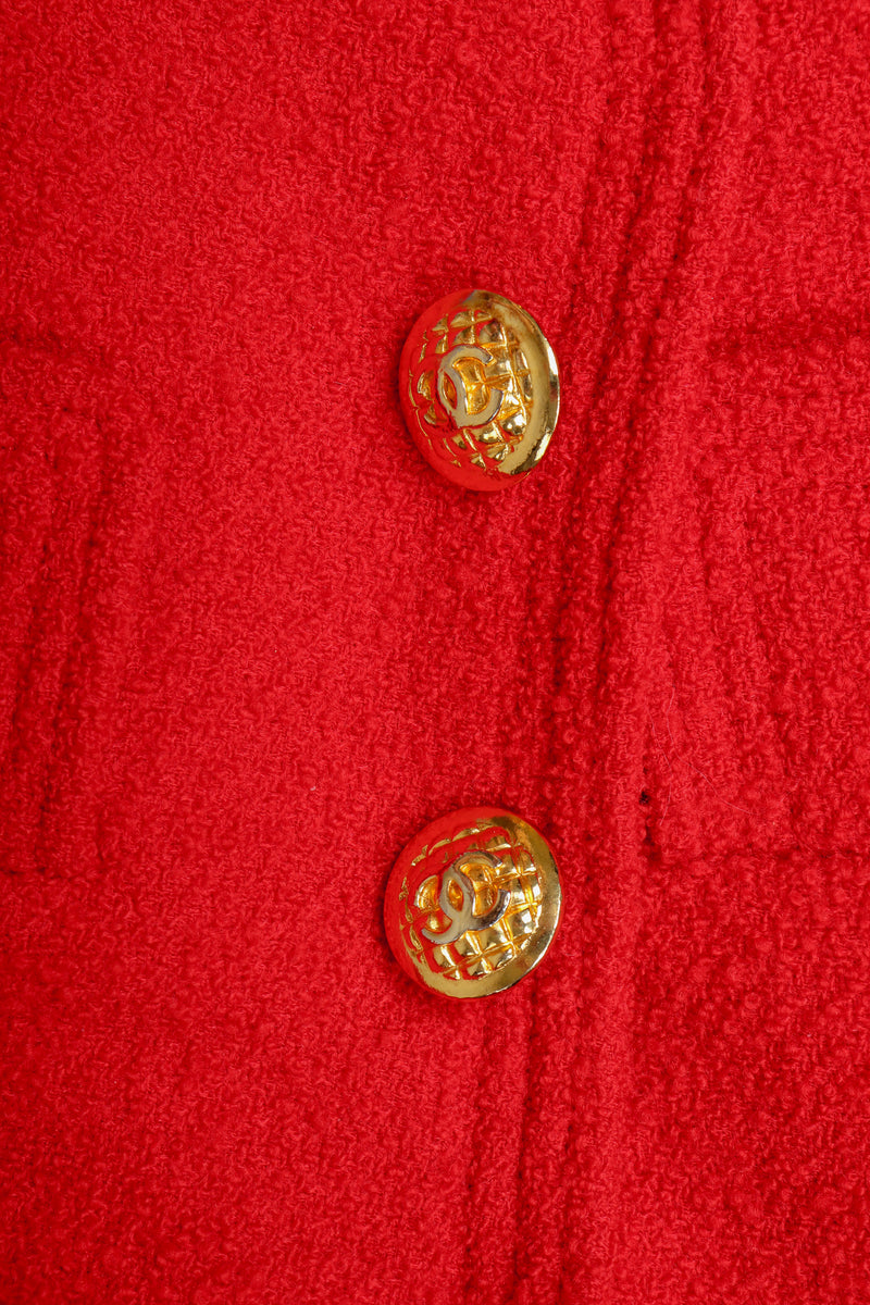 Recess Vintage Chanel Red Curved Lapel Bouclé Jacket, Button Close UP