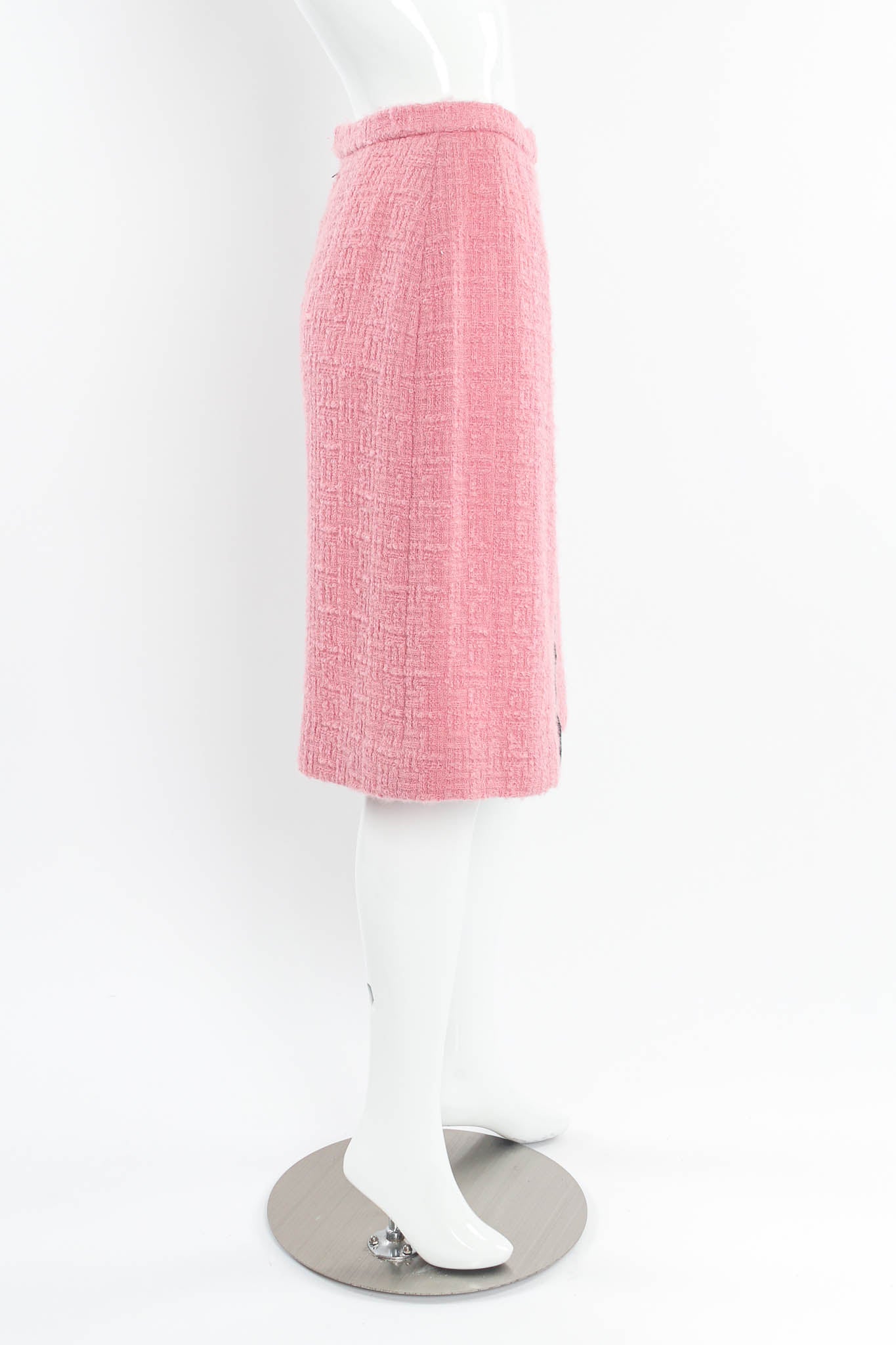 Vintage Chanel Boucle Jacket & Skirt Set on Mannequin Skirt Side at Recess LA
