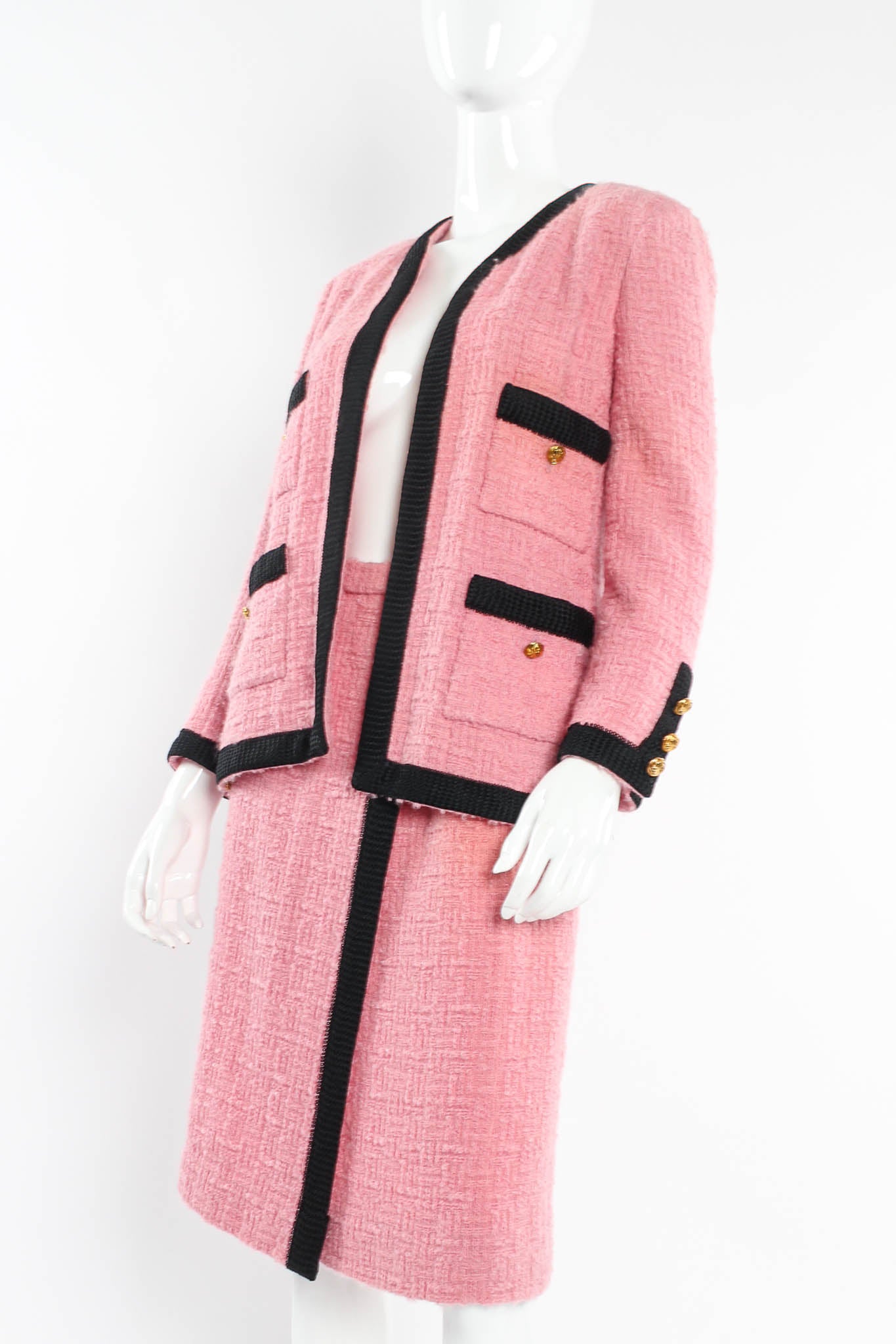 Vintage Chanel Boucle Jacket & Skirt Set on Mannequin Angle at Recess LA