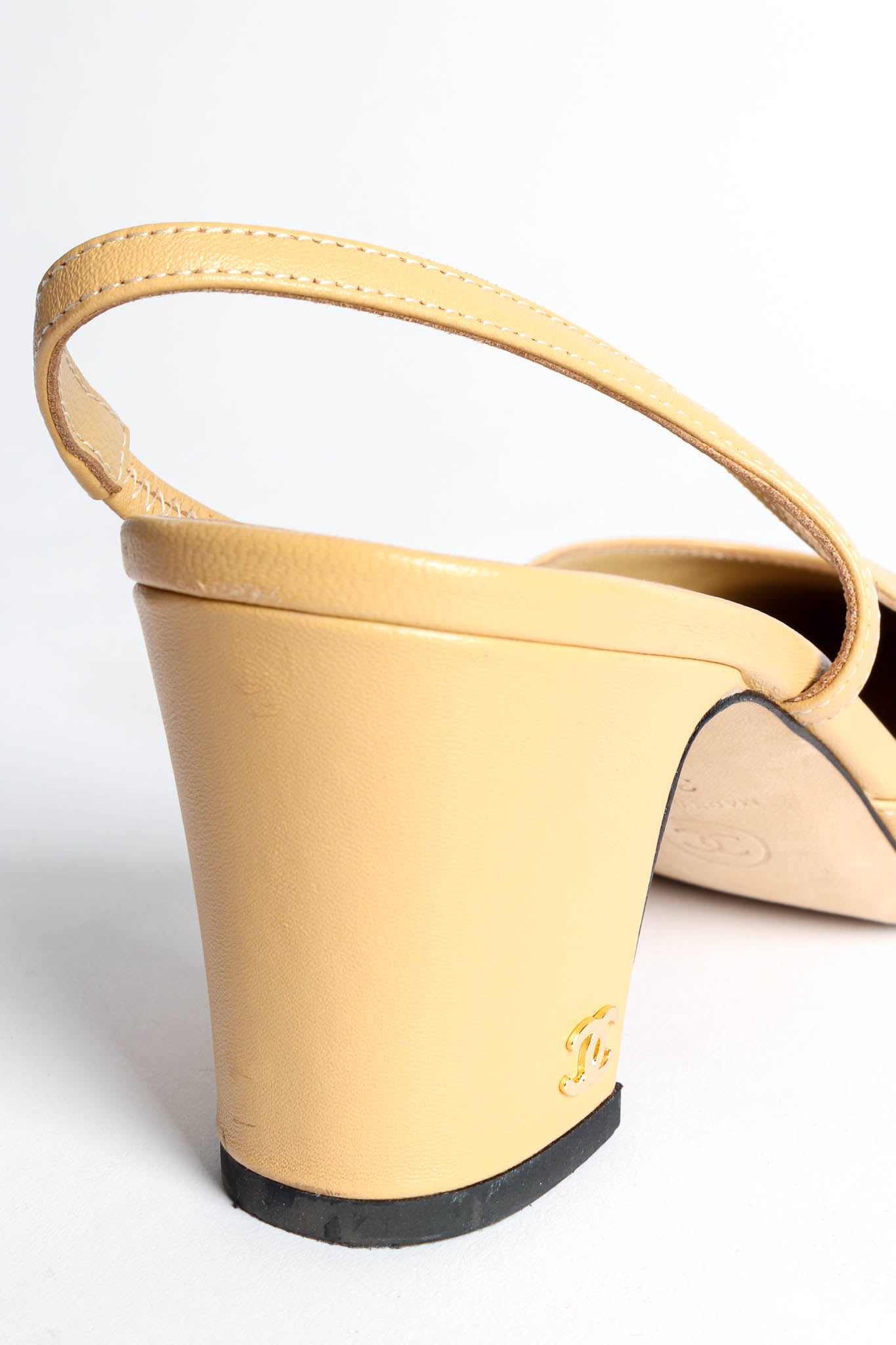 Vintage Chanel Leather Grosgrain Cap Toe Slingback Heels signed heel close @ Recess Los Angeles