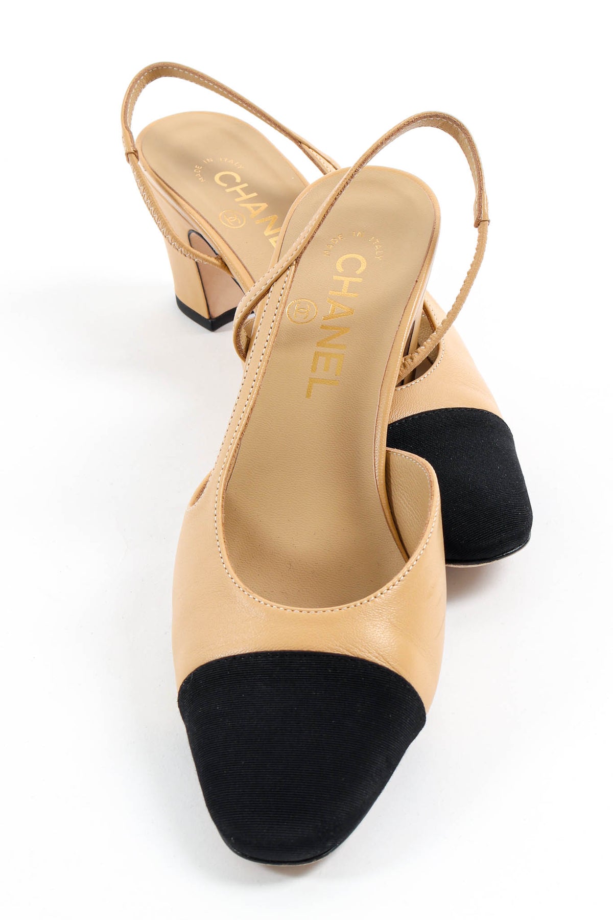 Vintage Chanel Leather Grosgrain Cap Toe Slingback Heels Vintage Chanel Leather Grosgrain Cap Toe Slingback Heels