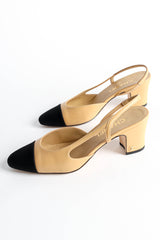 Vintage Chanel Leather Grosgrain Cap Toe Slingback Heels side @ Recess Los Angeles